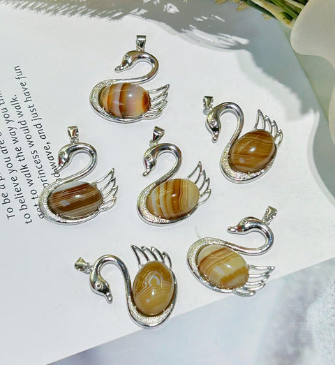 DZ27Whosale Gemstone Rock DIY Jewelry For Girls Crystal Necklace Yellow Banded Agate Swan Design  Pendent